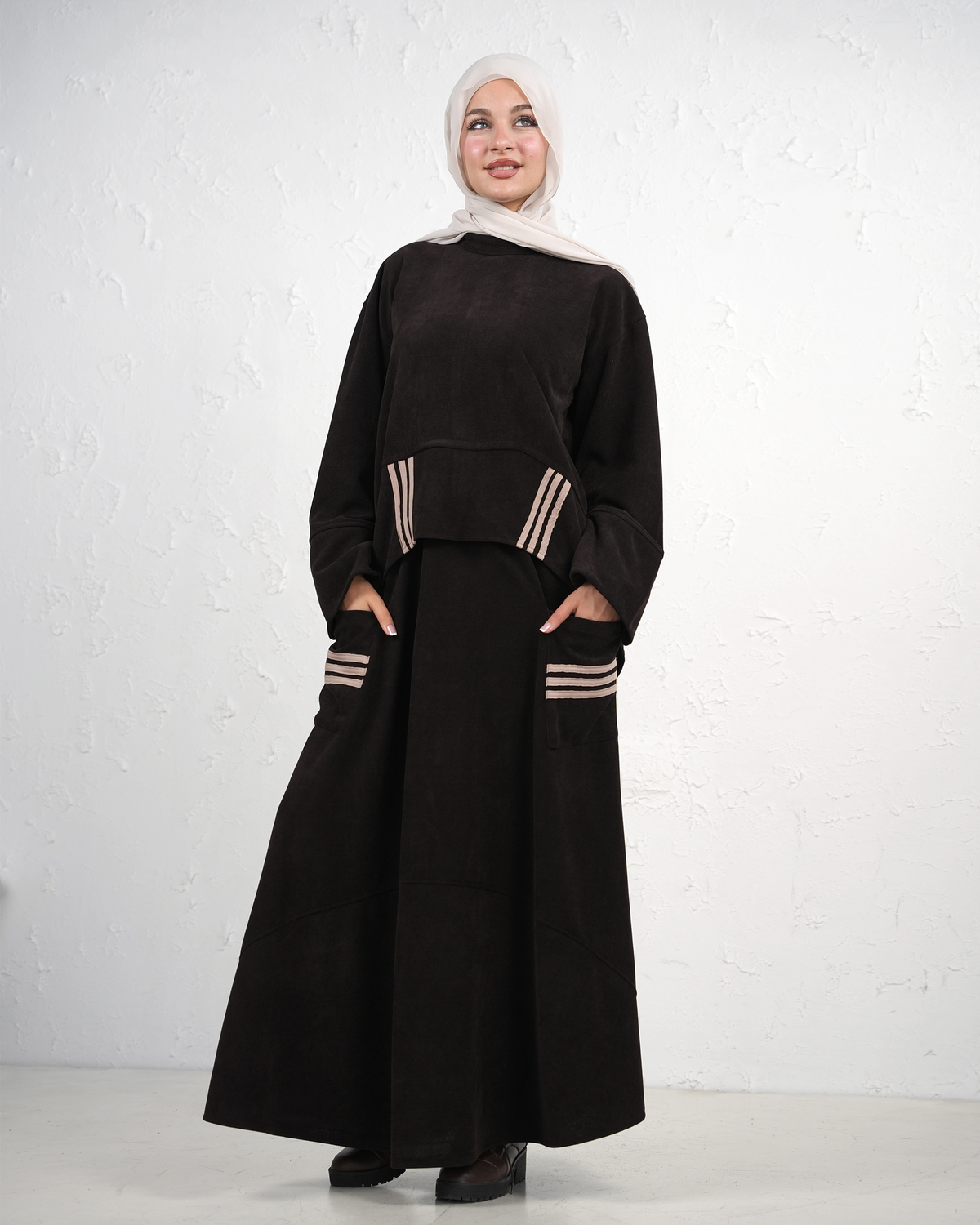 Skirt and Top Set with Stripe and Pocket Details - Black