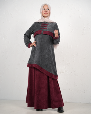 Skirt and Tunic Set with Asymmetric Hem and Front Clasps - Burgundy