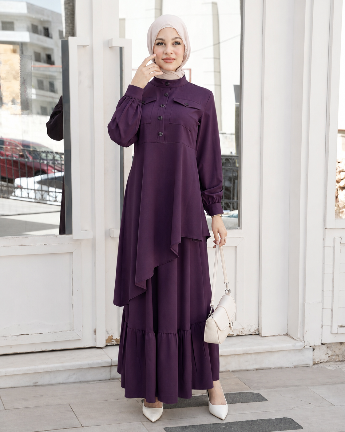 Modest Two-Piece Set with Elegant Button Detail:11360