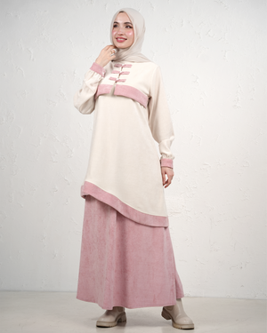 Skirt and Tunic Set with Asymmetric Hem and Front Clasps - Pink