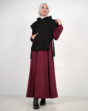 Long Dress with Sleeveless Vest - Burgundy