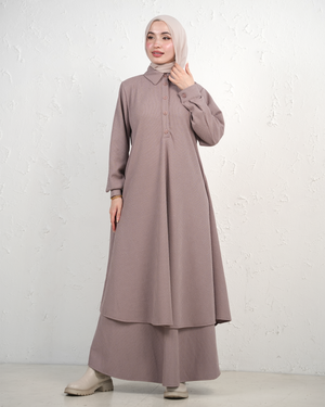 Skirt and Long Tunic Set with Collar and Front Buttons - Light Mauve