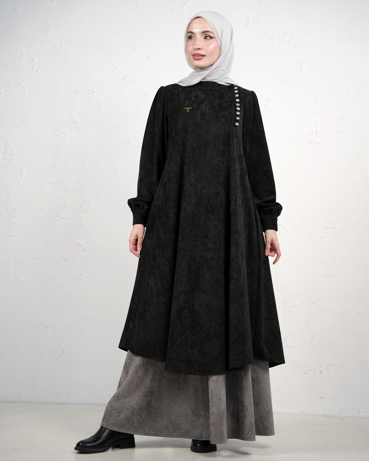 Skirt and Long Tunic Set with Side Buttons - Black