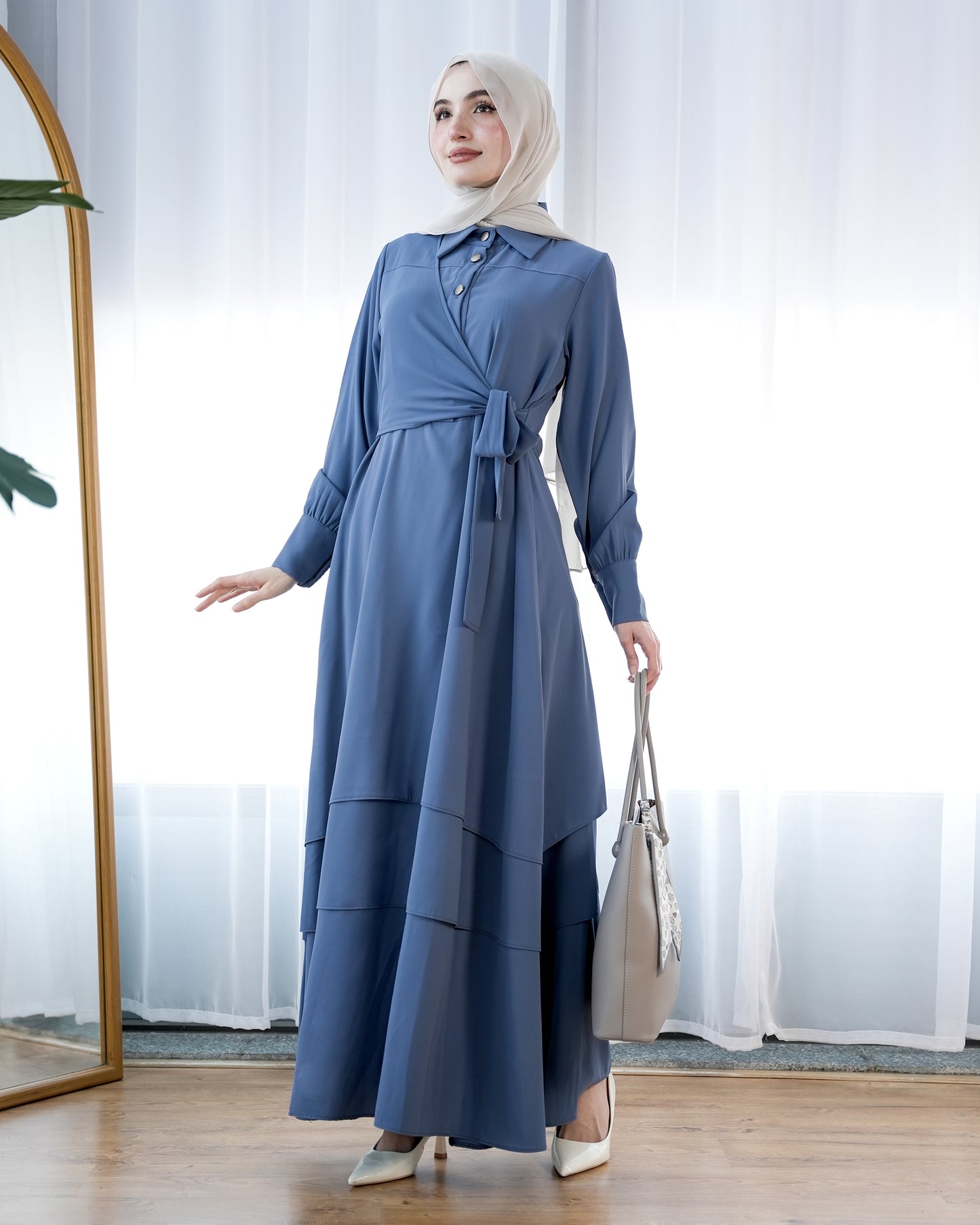 Elegant Modest Wrap Dress with Waist Tie:9300