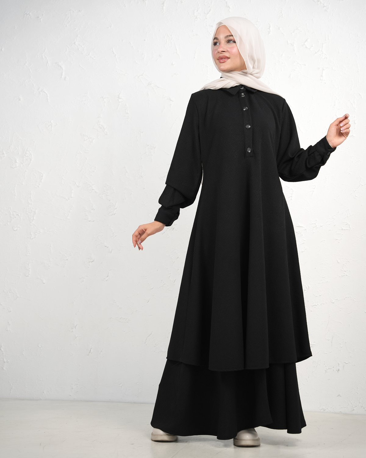 Skirt and Long Tunic Set with Collar and Front Buttons - Black