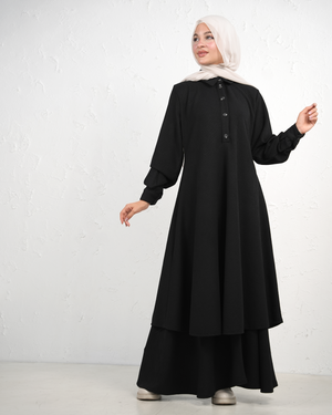 Skirt and Long Tunic Set with Collar and Front Buttons - Black
