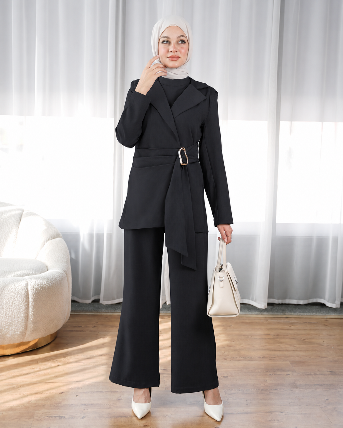 Elegant Two-Piece Set with Asymmetrical Blazer:11500