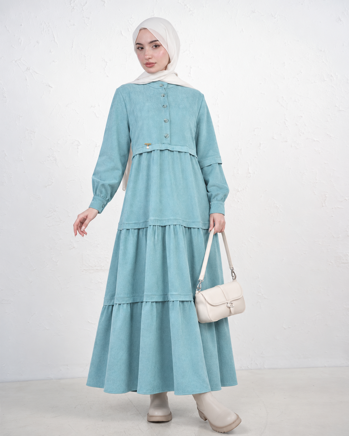 Long Tiered Dress with Front Buttons - Light Blue
