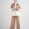 Two-Piece Women's Tracksuit with Drawstring Waist and Wide-Leg Trousers - Light Beige