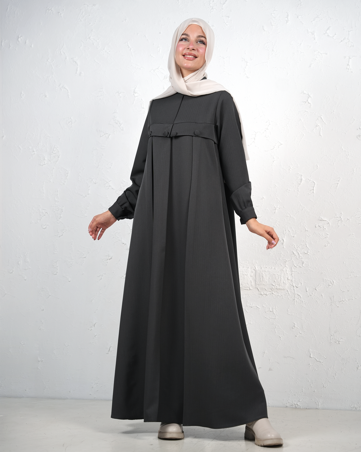 Flowy Jilbab with Front Pleats and Chest Detail - Charcoal