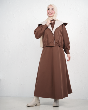 Long Dress with Wide-Collar Cropped Jacket - Brown
