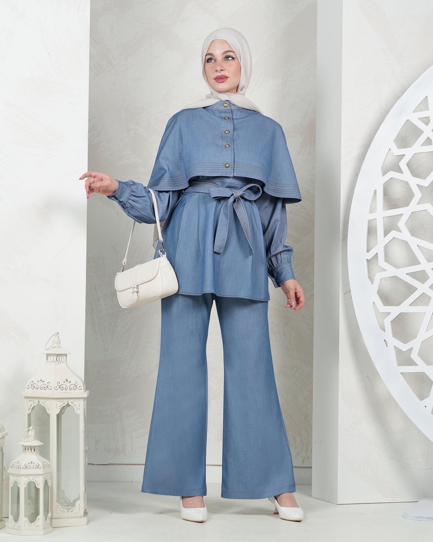 Elegant Two-Piece Set with Cape & Belted Waist:11060