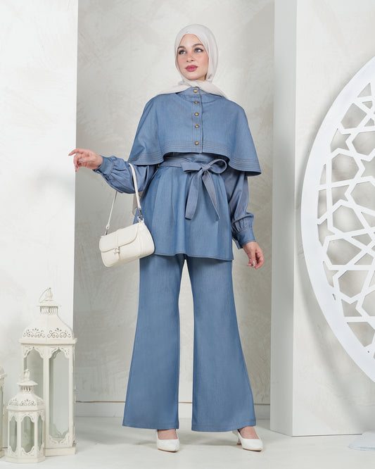 Elegant Two-Piece Set with Cape & Belted Waist:11060