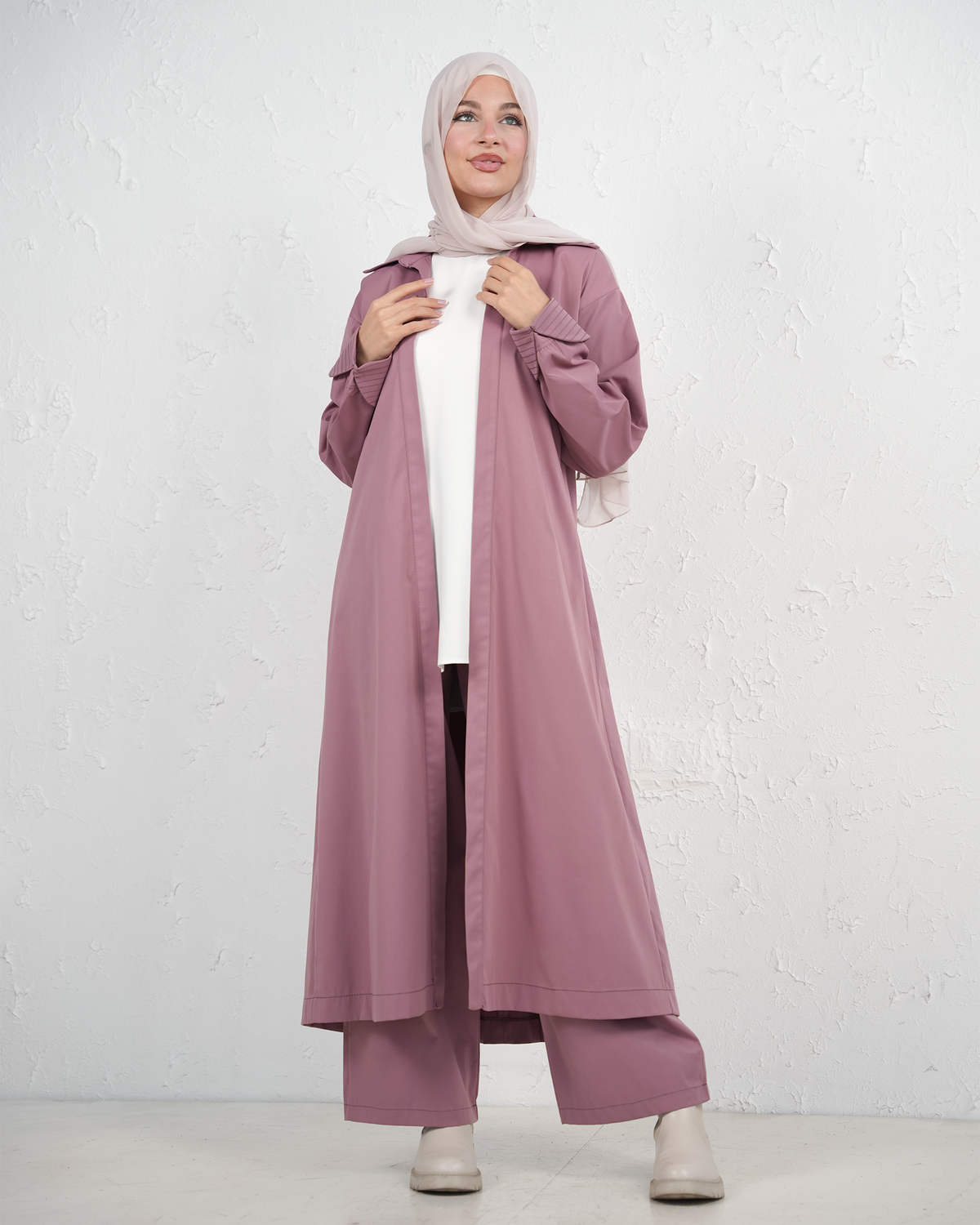 Three-Piece Set with Long Coat and Wide-Leg Trousers - Light Mauve
