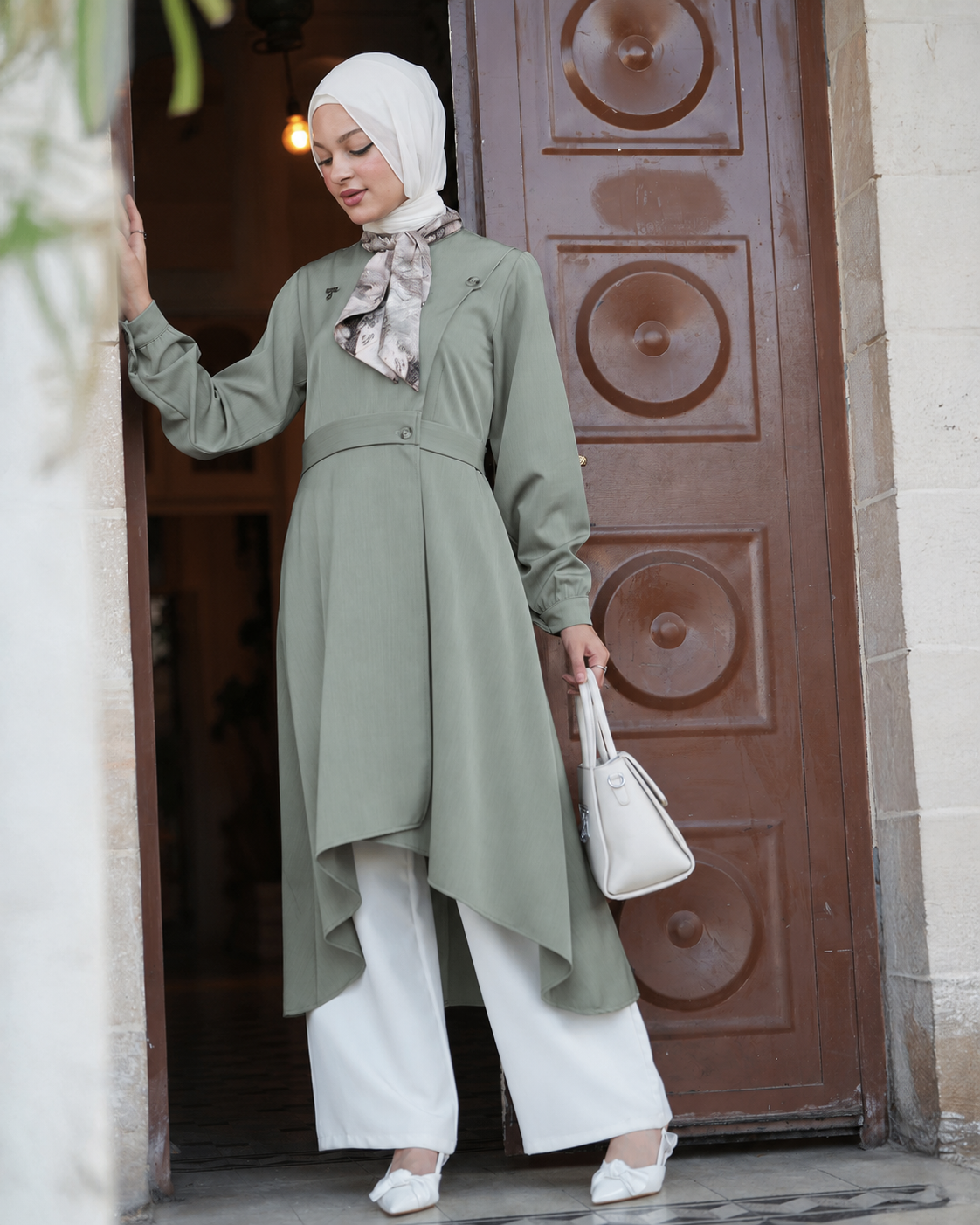 Elegant Tunic with Asymmetrical Cut and Waist Belt:11320