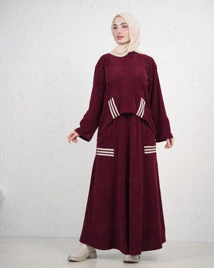 Skirt and Top Set with Stripe and Pocket Details - Burgundy