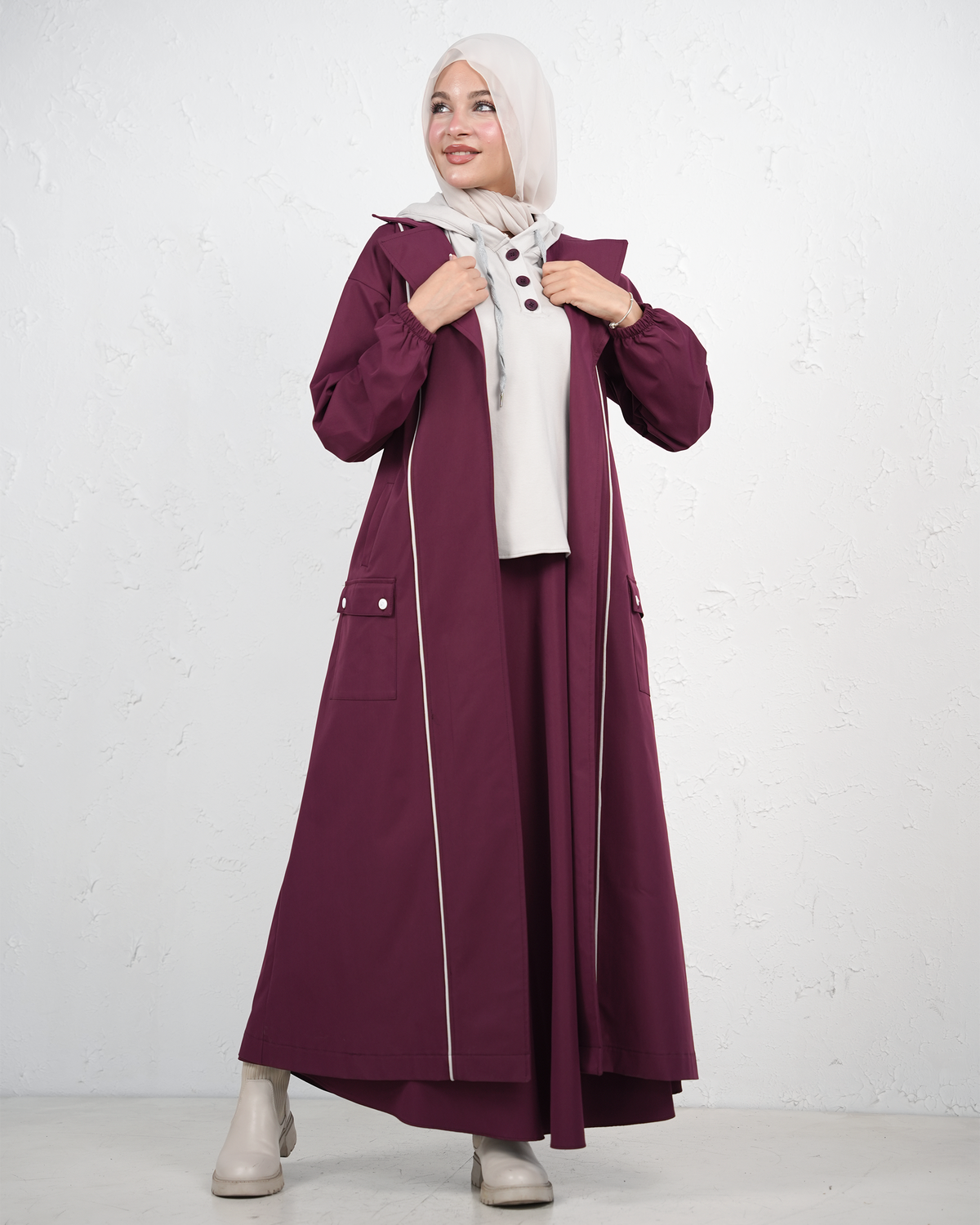 Skirt and Top Set with Long Jacket - Burgundy