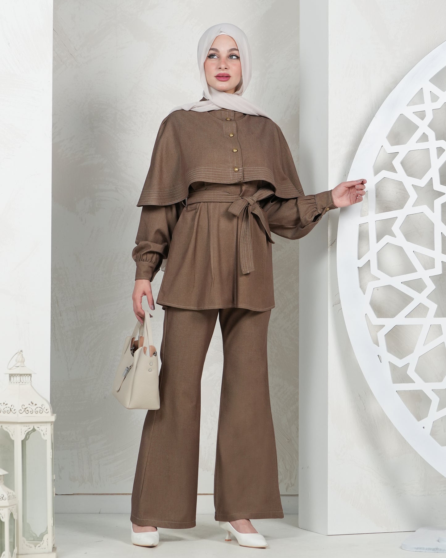 Elegant Two-Piece Set with Cape & Belted Waist:11060