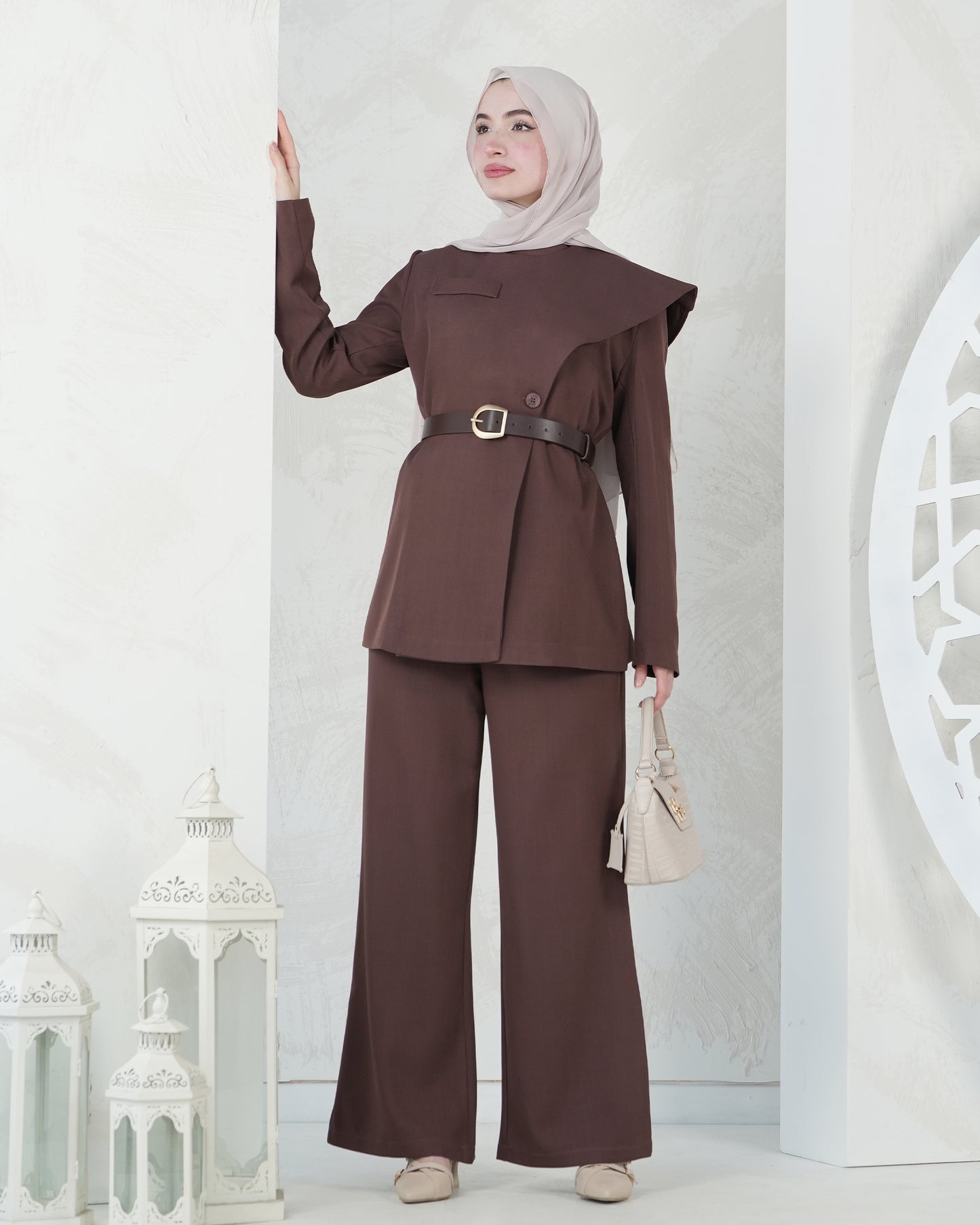 Elegant Two-Piece Set with Asymmetrical Cape & Belt:11040