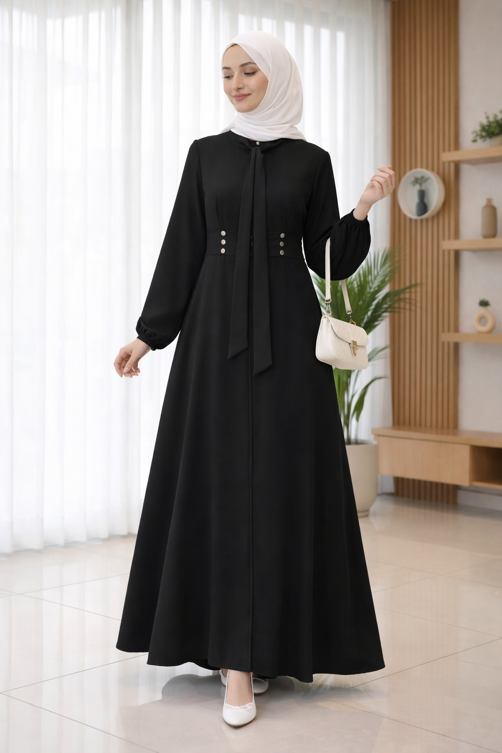 Elegant Modest Maxi Dress with Soft Neck Tie Detail:9450