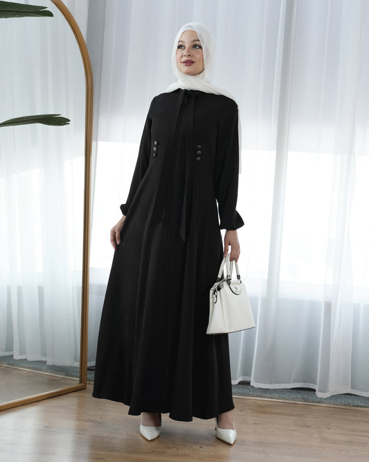 Elegant Modest Maxi Dress with Soft Neck Tie Detail:9450